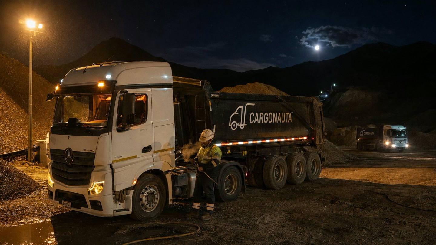 Operación nocturna de Cargonauta: tractocamión volco cargando en una cantera iluminada